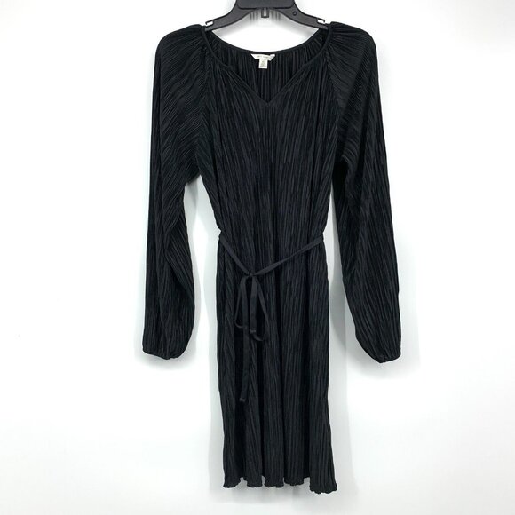 Cato Dresses & Skirts - Cato Dress Black Plisse Pleated Tie Waist Long Sleeve
